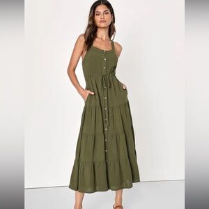 Lulus, NWT, See the City Olive Green Button-Front Tiered Midi Dress